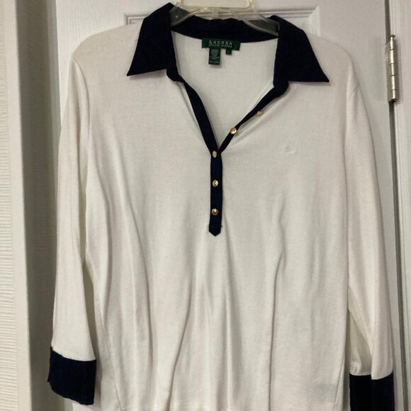 Ralph Lauren White and Navy Long Sleeved Top - Size Large - Picture 1 of 3